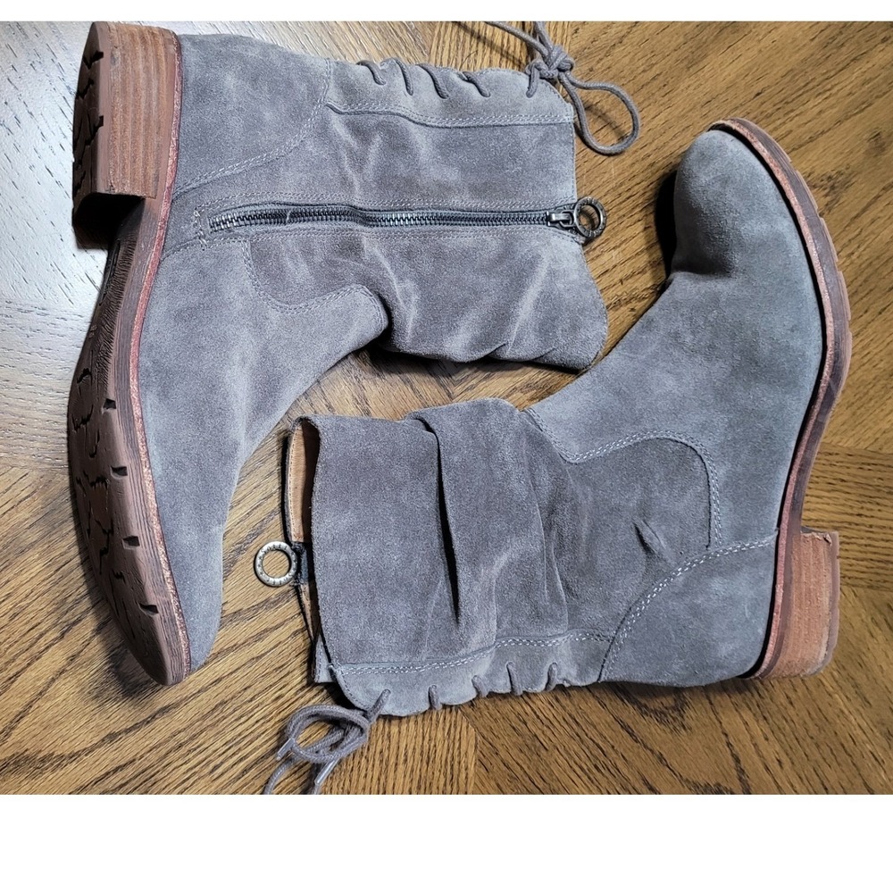 Sofft Grey Suede Slouch Lace‎ Up Back Boots Low Block Heel Womens